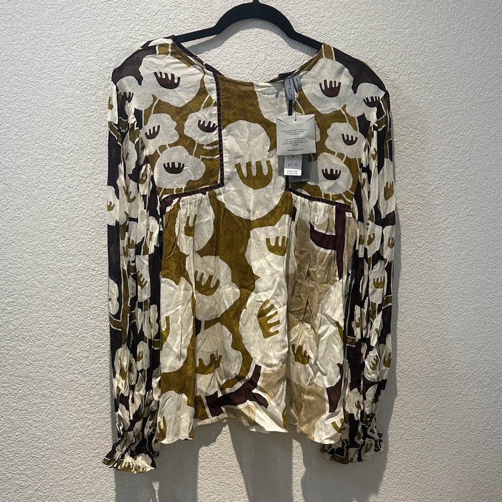 Blank London Abstract Floral Long Sleeve Blouse in Olive, Cream & Brown size M